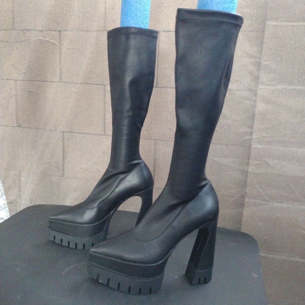 Steve Madden Mara Sz 6.5 Black Stretch Vegan Leather Chunky Platform Knee Boots